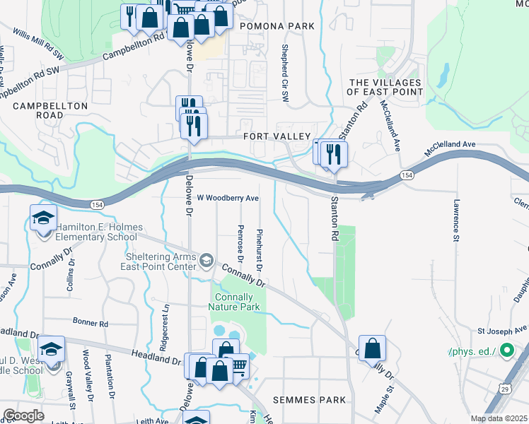 map of restaurants, bars, coffee shops, grocery stores, and more near 2106 Pinehurst Drive in East Point