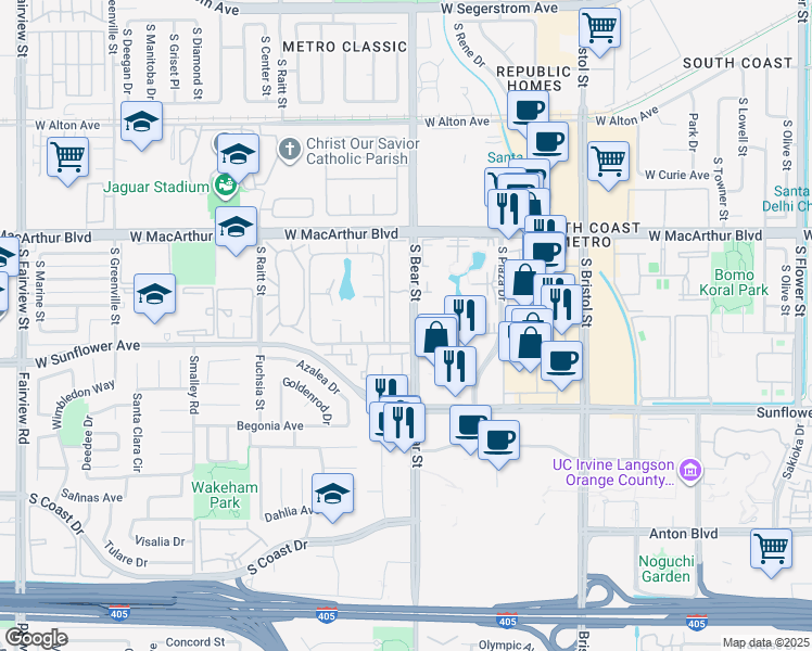 map of restaurants, bars, coffee shops, grocery stores, and more near 3750 South Bear Street in Santa Ana