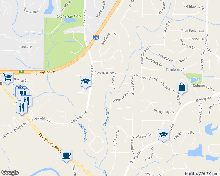 map of restaurants, bars, coffee shops, grocery stores, and more near 3417 Rapids Way in Decatur