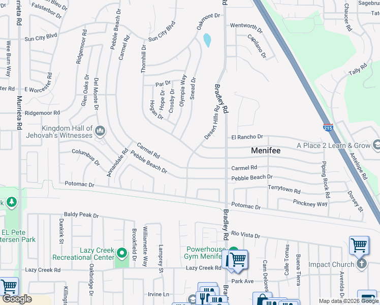 map of restaurants, bars, coffee shops, grocery stores, and more near 29217 Desert Hills Road in Menifee
