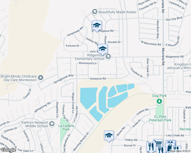 map of restaurants, bars, coffee shops, grocery stores, and more near 25361 Mountain Springs Street in Menifee