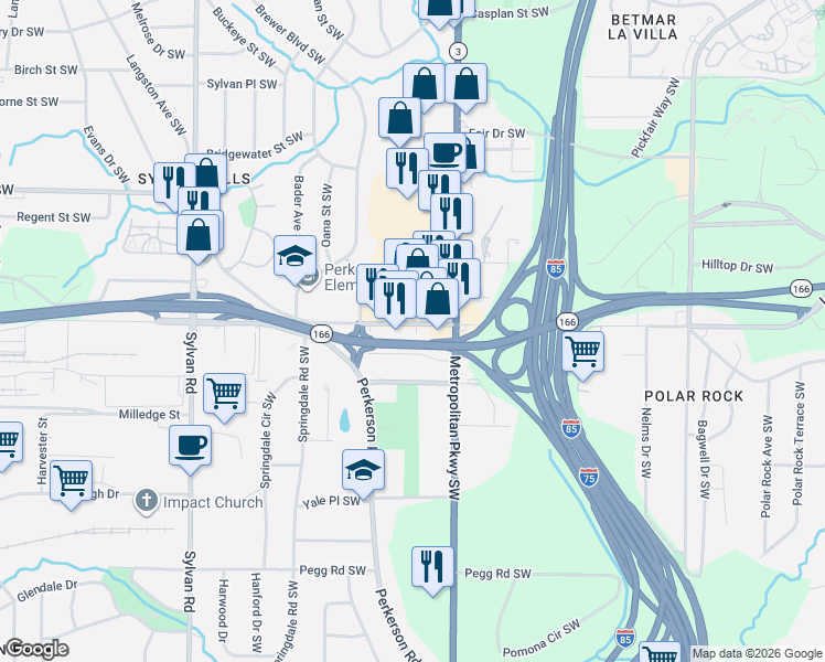 map of restaurants, bars, coffee shops, grocery stores, and more near 2788 Lakewood Avenue Southwest in Atlanta