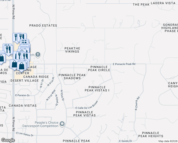 map of restaurants, bars, coffee shops, grocery stores, and more near 9431 East Casitas Del Rio Drive in Scottsdale