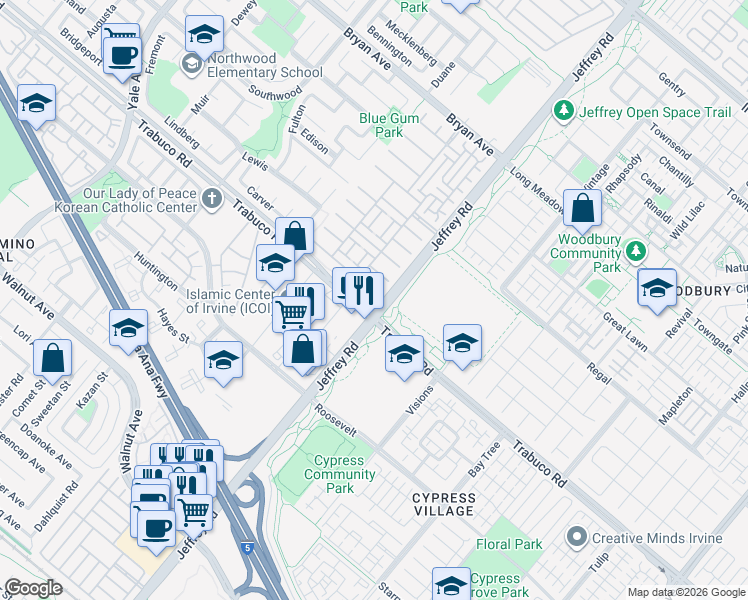 map of restaurants, bars, coffee shops, grocery stores, and more near 65 Secret Garden in Irvine