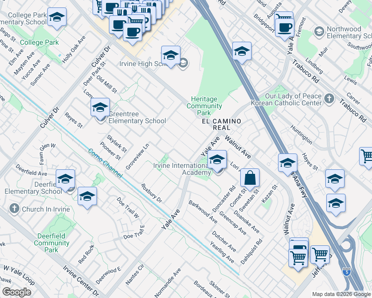 map of restaurants, bars, coffee shops, grocery stores, and more near 4571 Kimberwick Circle in Irvine