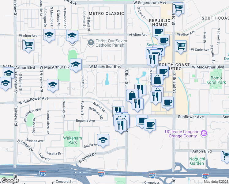 map of restaurants, bars, coffee shops, grocery stores, and more near 1912 Bay Crest Street in Santa Ana