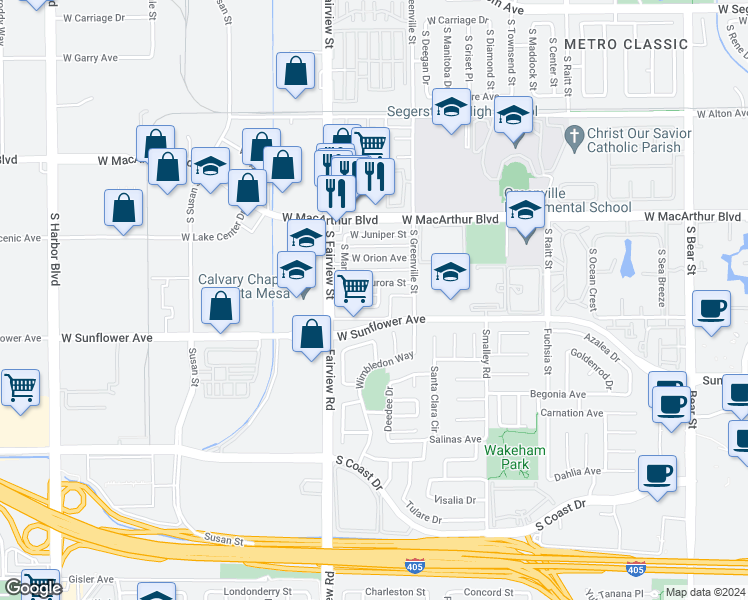 map of restaurants, bars, coffee shops, grocery stores, and more near 2709 West Keller Avenue in Santa Ana
