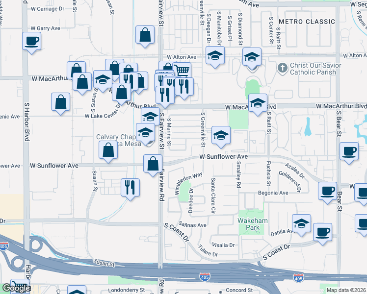 map of restaurants, bars, coffee shops, grocery stores, and more near 2708 West Aurora Street in Santa Ana