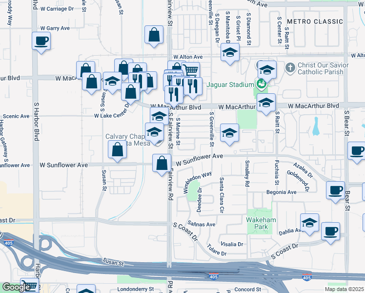 map of restaurants, bars, coffee shops, grocery stores, and more near 2708 West Aurora Street in Santa Ana