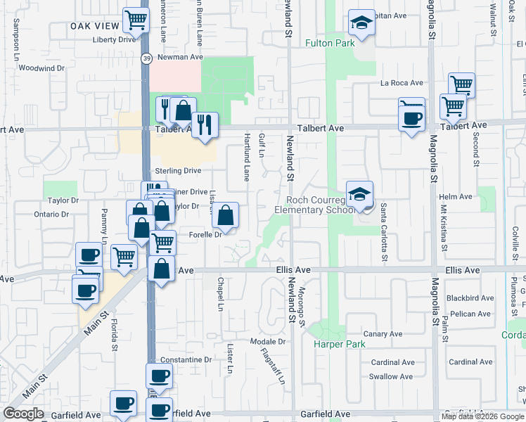 map of restaurants, bars, coffee shops, grocery stores, and more near 18242 Hartlund Lane in Huntington Beach