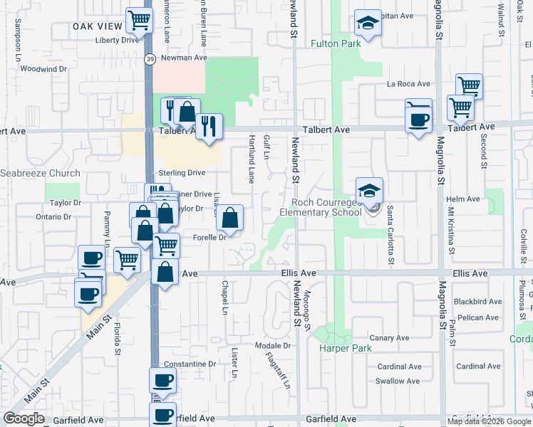 map of restaurants, bars, coffee shops, grocery stores, and more near 18242 Hartlund Lane in Huntington Beach