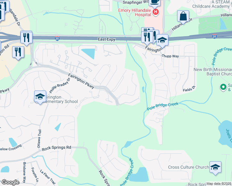 map of restaurants, bars, coffee shops, grocery stores, and more near 10302 Fairington Ridge Circle in Stonecrest