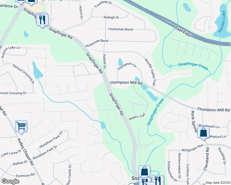 map of restaurants, bars, coffee shops, grocery stores, and more near 4537 Thompson Mill Road in Decatur