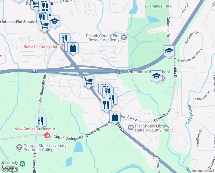 map of restaurants, bars, coffee shops, grocery stores, and more near 3800 Flat Shoals Parkway in Decatur