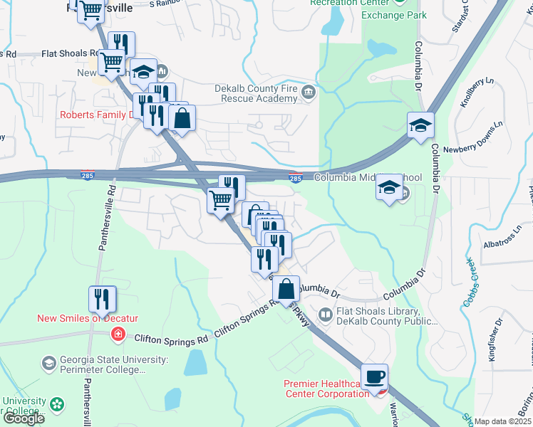 map of restaurants, bars, coffee shops, grocery stores, and more near 3760 Flat Shoals Parkway in Decatur