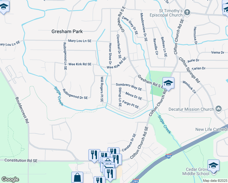 map of restaurants, bars, coffee shops, grocery stores, and more near 3036 Horse Shoe Drive in Atlanta