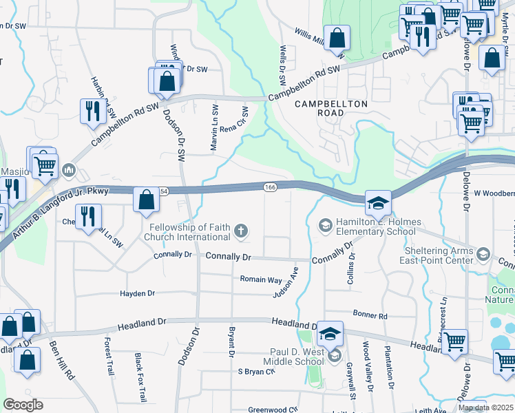 map of restaurants, bars, coffee shops, grocery stores, and more near 2135 Castlewood Street in East Point