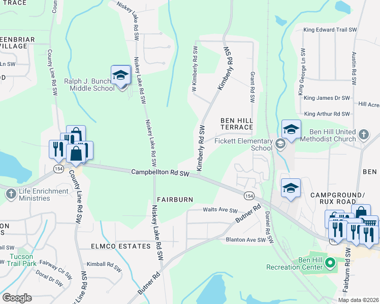 map of restaurants, bars, coffee shops, grocery stores, and more near 2085 West Kimberly Road Southwest in Atlanta