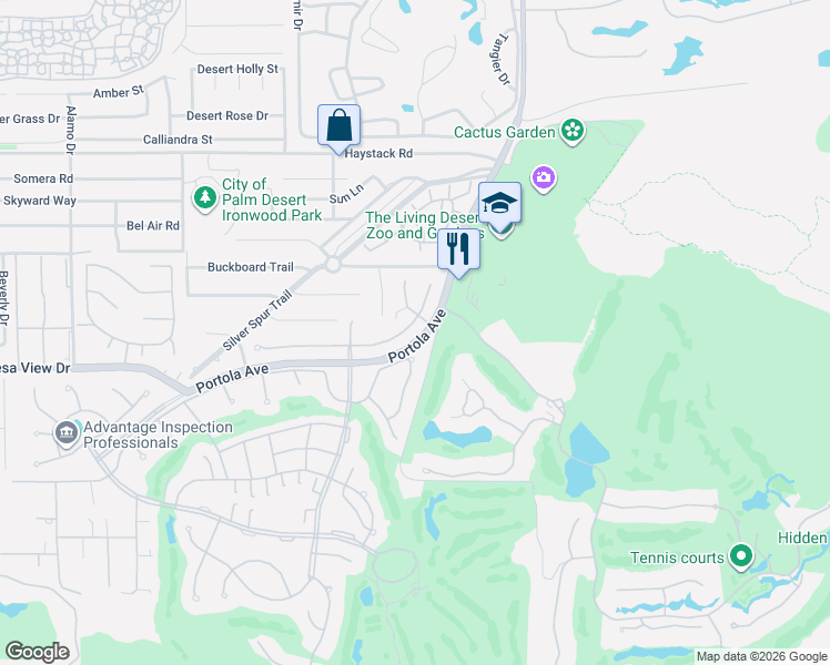 map of restaurants, bars, coffee shops, grocery stores, and more near 73717 Agave Lane in Palm Desert