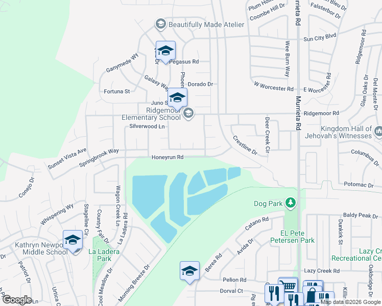 map of restaurants, bars, coffee shops, grocery stores, and more near 25515 Mountain Springs Street in Menifee