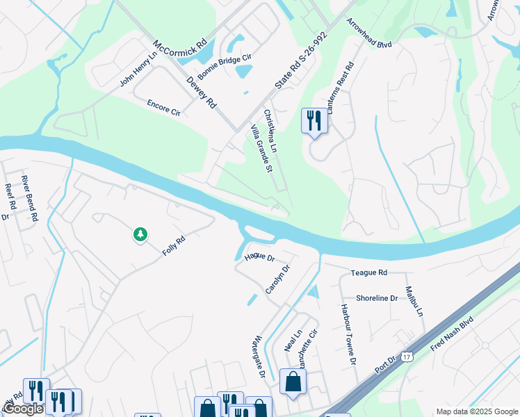 map of restaurants, bars, coffee shops, grocery stores, and more near 2642 Riverside Drive in Myrtle Beach