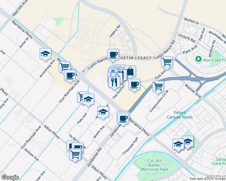 map of restaurants, bars, coffee shops, grocery stores, and more near 2481 Park Avenue in Tustin