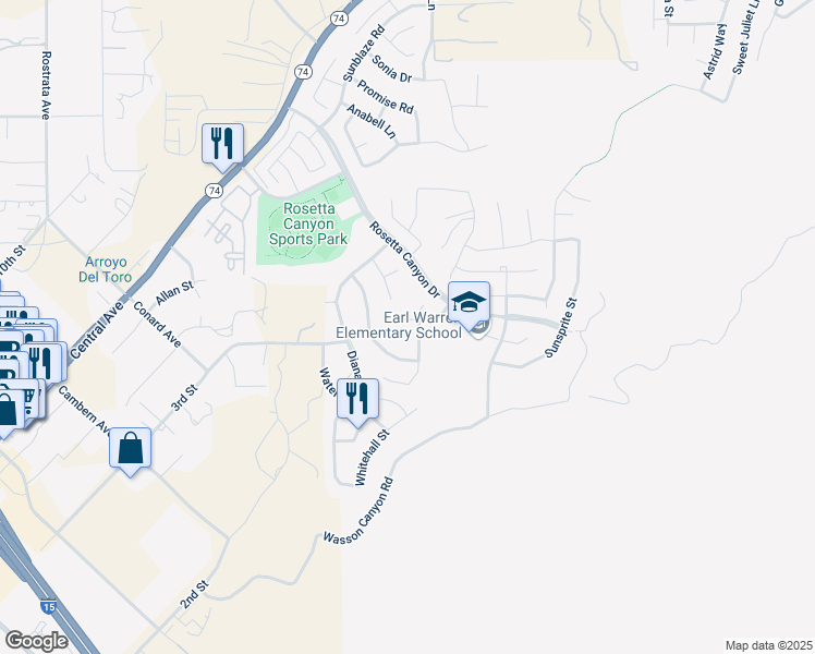 map of restaurants, bars, coffee shops, grocery stores, and more near 41105 Royal Sunset Road in Lake Elsinore