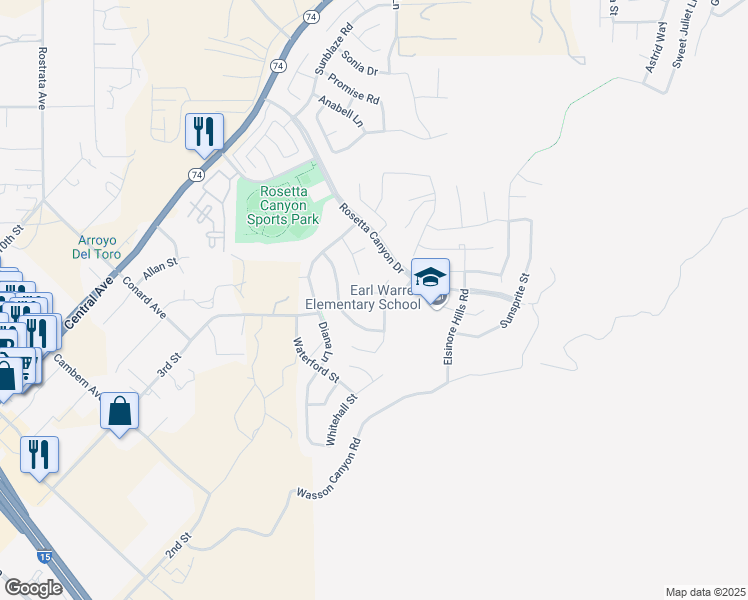 map of restaurants, bars, coffee shops, grocery stores, and more near 41105 Royal Sunset Road in Lake Elsinore