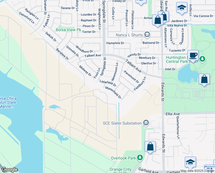 map of restaurants, bars, coffee shops, grocery stores, and more near 6021 Manorfield Drive in Huntington Beach