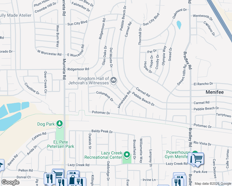 map of restaurants, bars, coffee shops, grocery stores, and more near 29130 Prestwick Road in Menifee