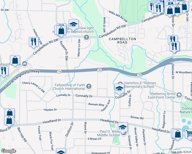 map of restaurants, bars, coffee shops, grocery stores, and more near 2135 Castlewood Street in East Point
