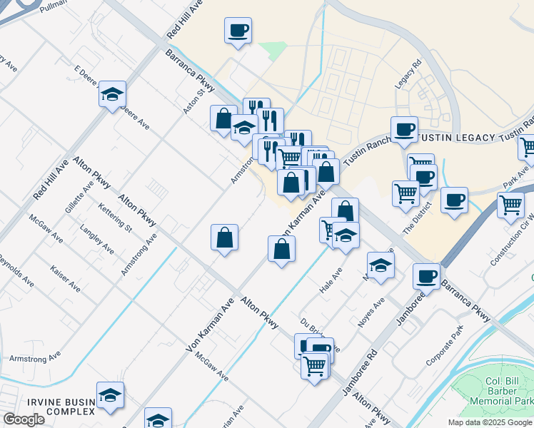 map of restaurants, bars, coffee shops, grocery stores, and more near 16735 Von Karman Avenue in Irvine