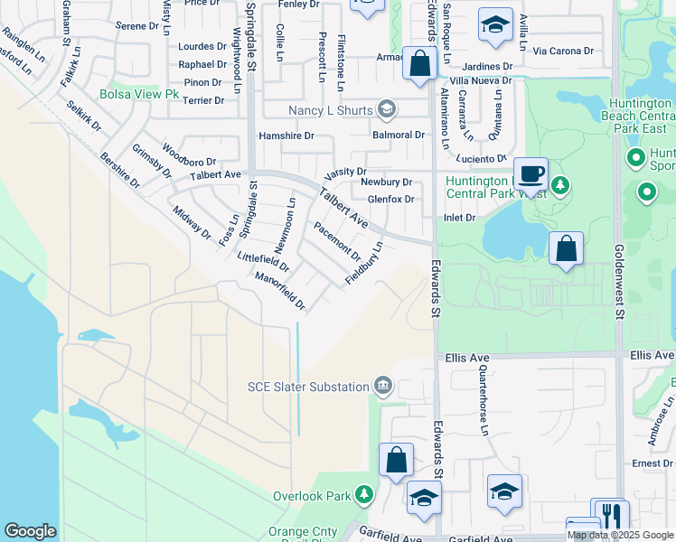 map of restaurants, bars, coffee shops, grocery stores, and more near 6242 Moonfield Drive in Huntington Beach