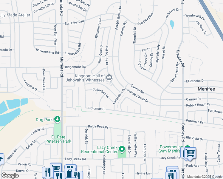 map of restaurants, bars, coffee shops, grocery stores, and more near 29130 Prestwick Road in Menifee