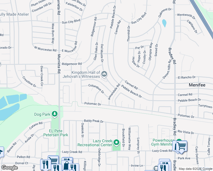 map of restaurants, bars, coffee shops, grocery stores, and more near 29100 Prestwick Road in Menifee