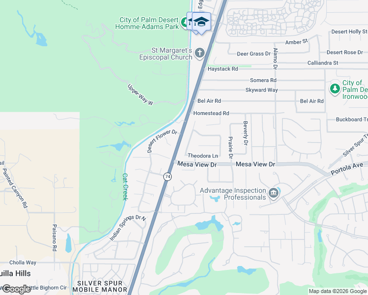 map of restaurants, bars, coffee shops, grocery stores, and more near 48300 Crestview Drive in Palm Desert