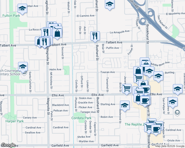map of restaurants, bars, coffee shops, grocery stores, and more near 9401 Toucan Avenue in Fountain Valley