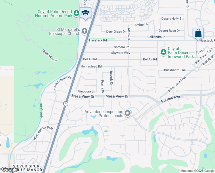 map of restaurants, bars, coffee shops, grocery stores, and more near 48365 Alan Circle in Palm Desert