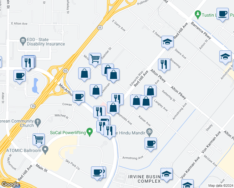 map of restaurants, bars, coffee shops, grocery stores, and more near 1424 McGaw Avenue in Irvine