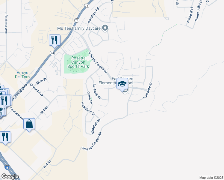 map of restaurants, bars, coffee shops, grocery stores, and more near 41111 Royal Sunset Road in Lake Elsinore