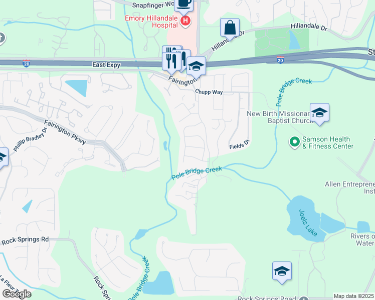 map of restaurants, bars, coffee shops, grocery stores, and more near 5856 Trent Walk Drive in Stonecrest