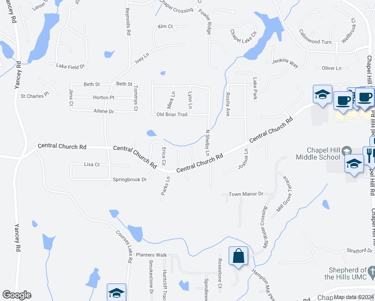 map of restaurants, bars, coffee shops, grocery stores, and more near 3976 Holland Court in Douglasville