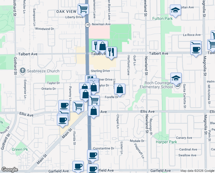 map of restaurants, bars, coffee shops, grocery stores, and more near 8191 Taylor Drive in Huntington Beach