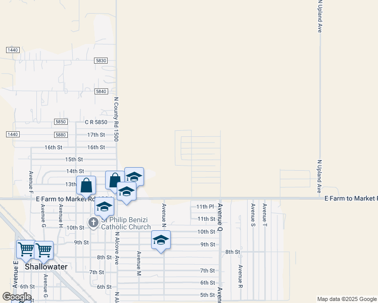 map of restaurants, bars, coffee shops, grocery stores, and more near 1404 16th Street in Shallowater