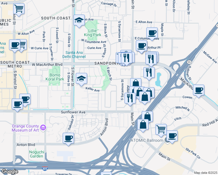 map of restaurants, bars, coffee shops, grocery stores, and more near 3717 South Birch Street in Santa Ana