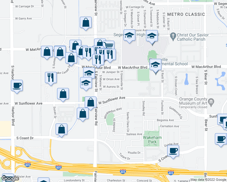 map of restaurants, bars, coffee shops, grocery stores, and more near 2608 West Aurora Street in Santa Ana