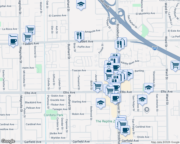 map of restaurants, bars, coffee shops, grocery stores, and more near 9757 Toucan Avenue in Fountain Valley