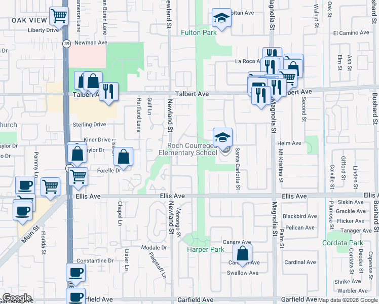map of restaurants, bars, coffee shops, grocery stores, and more near 8598 Amazon River Circle in Fountain Valley