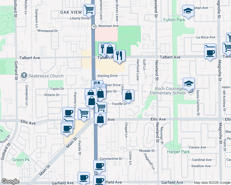 map of restaurants, bars, coffee shops, grocery stores, and more near 8191 Taylor Drive in Huntington Beach
