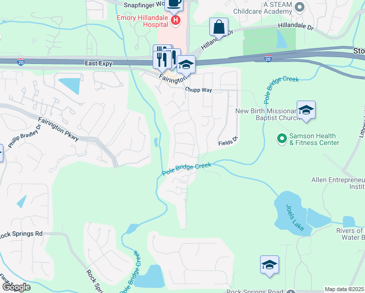 map of restaurants, bars, coffee shops, grocery stores, and more near 5916 Dogwood Manor in Stonecrest